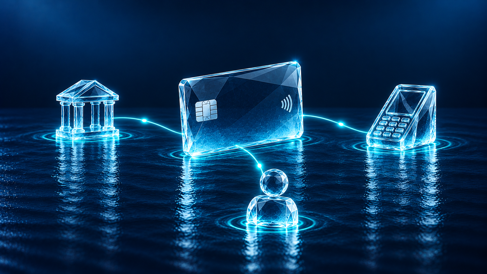 Conceptual illustration of Ecosystem Payments Performance™: structures and connections in blue and aqua