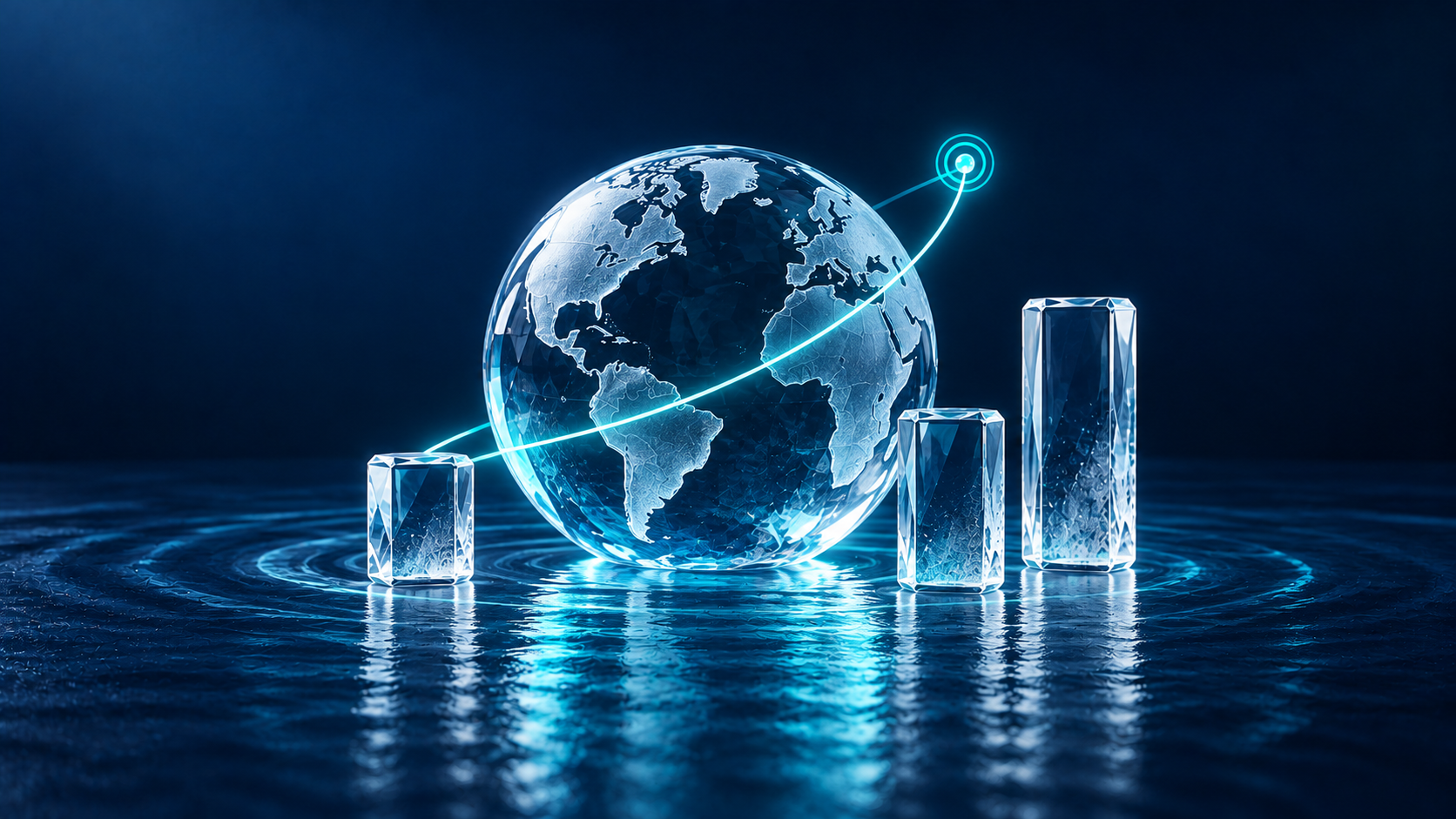 Conceptual illustration of Market and Strategy: structures and connections in blue and aqua